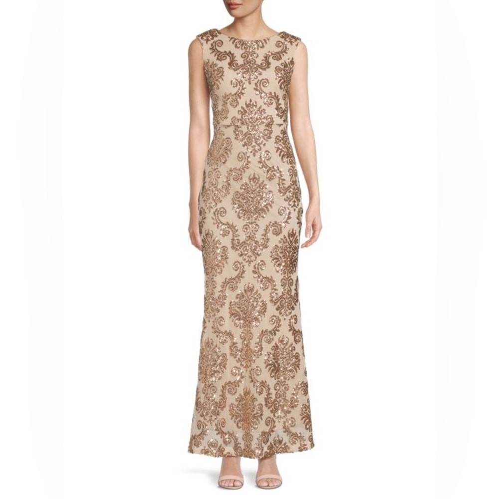 NWT VINCE CAMUTO SEQUIN BOATNECK GOWN IN CHAMPAGNE sz 14
